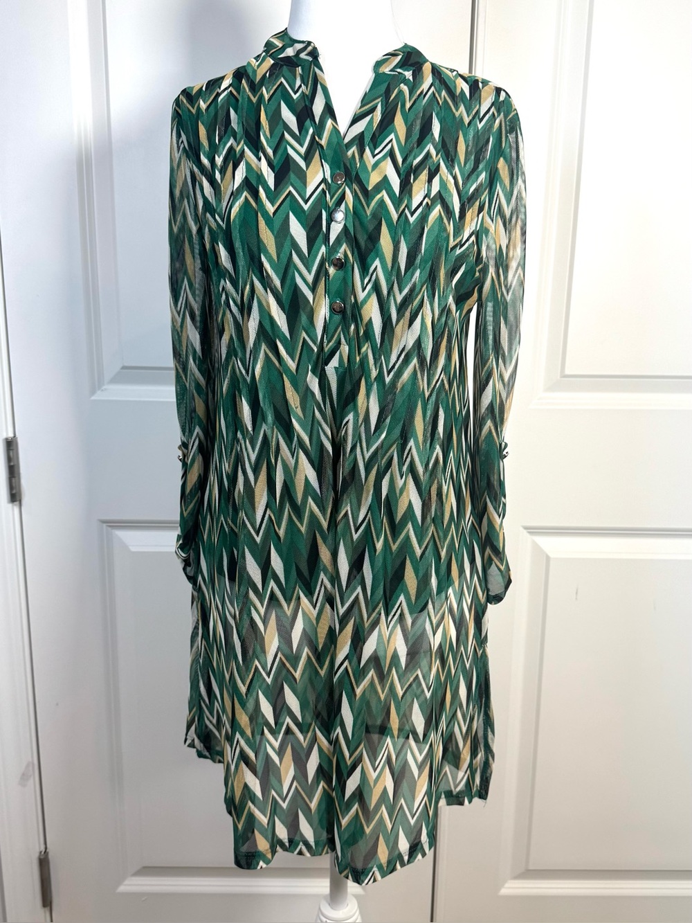 Cocomo Tunic Dress Small Green Chevron Geometric Sheer Lined Boho Career Shift